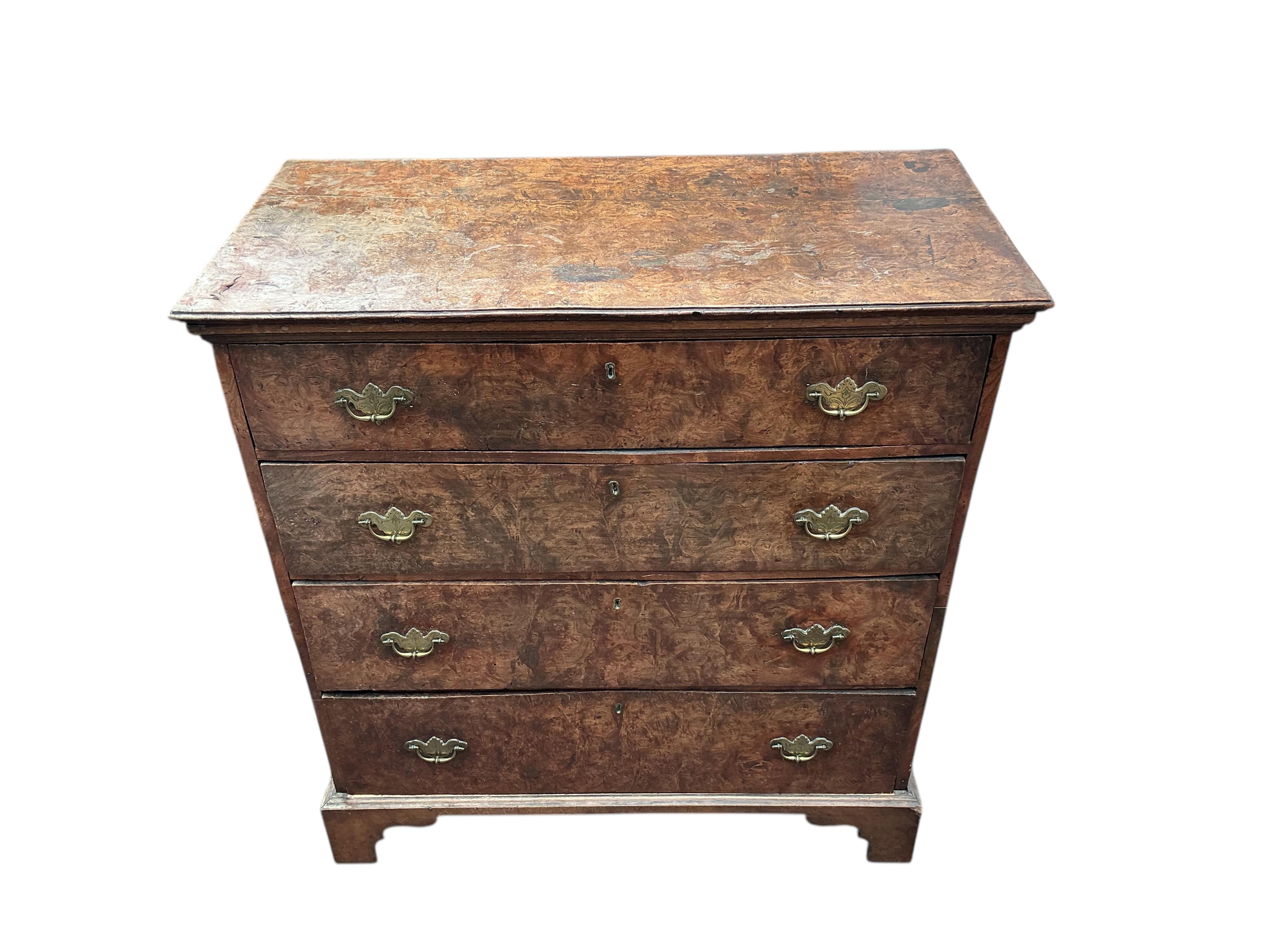 A George I style burr elm chest of drawers, width 96cm, depth 47cm, height 101cm